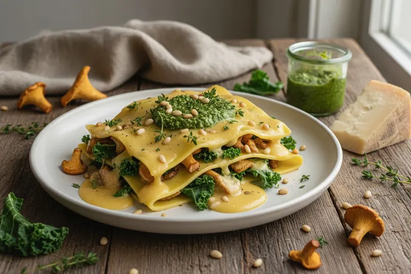Avoin lasagne kantarelleilla, lehtikaalilla ja pestolla