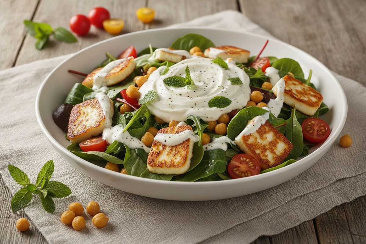 Halloumi-salaatti tzatziki-kastikkeella