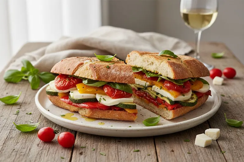 Italialainen täytetty leipä tomaateilla ja kasviksiilla