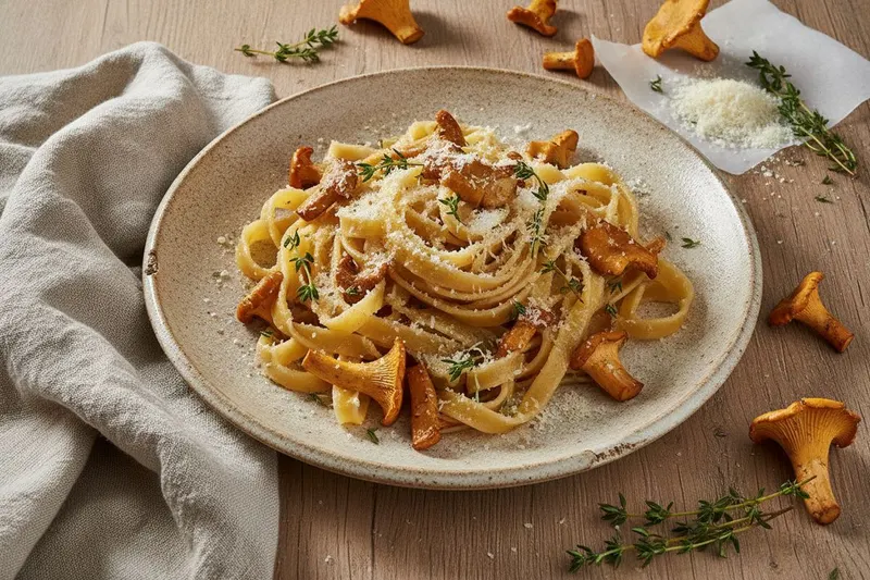 Kantarellipasta ruskistetulla voilla
