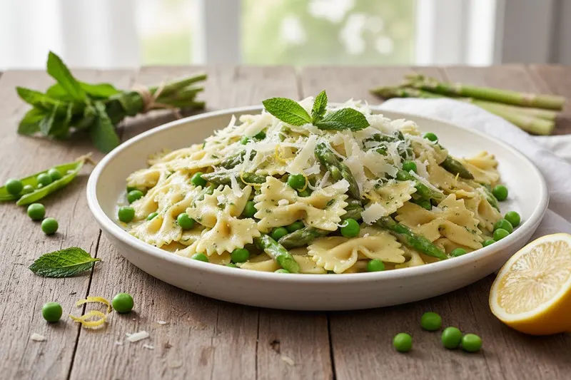 Keväinen farfalle parsalla, herneillä ja mintulla