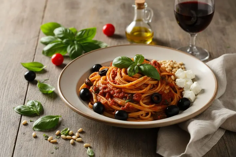 Pasta pomodoro tuoreella basilikalla ja fetajuustolla