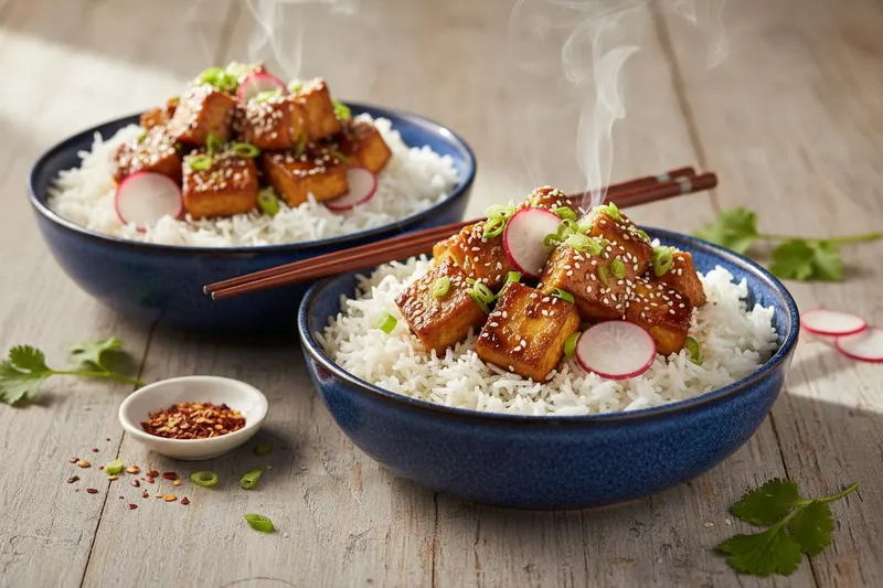 Rapea tofu valkosipuli-inkiväärikastikkeella