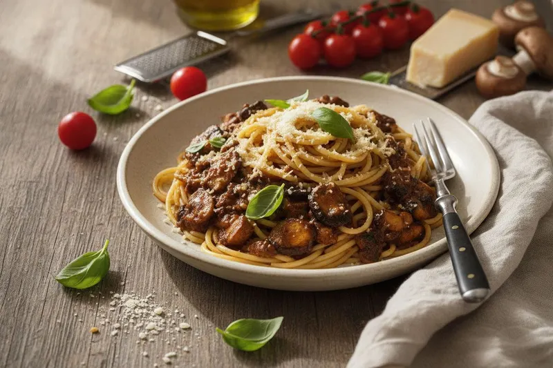 Spagetti bolognese sienillä