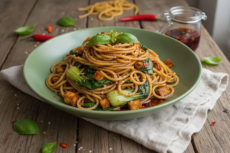 Tulinen kasvisspagetti soijakastikkeella