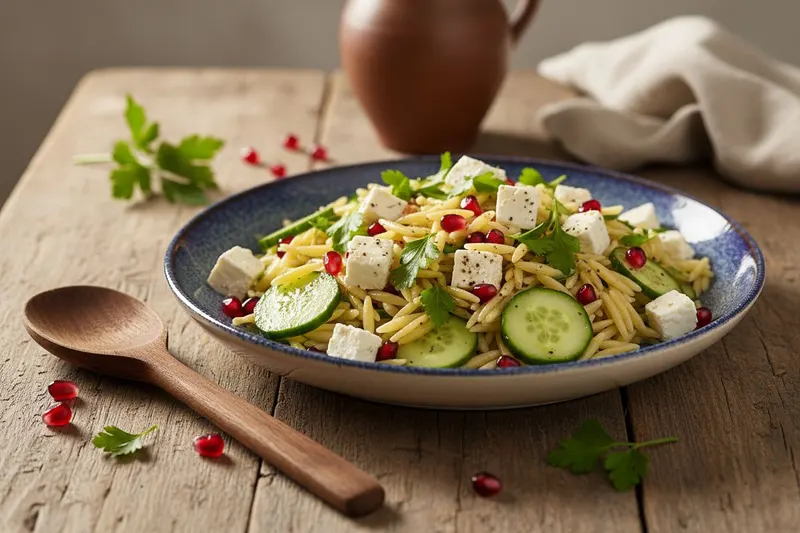 Turkkilainen risoni-pastasalaatti granaattiomenalla
