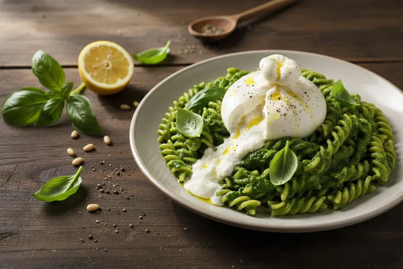 Vihreä pasta pinaatilla ja burratalla